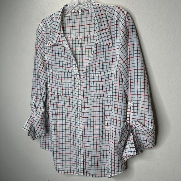 Joie White Red Blue Black & Green Plaid Front Button Pockets Long Sleeve Shirt L - Picture 2 of 13
